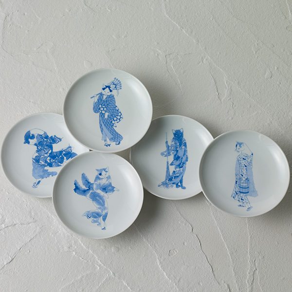 Ukiyo Cats Small Plate Set: 5 Pieces (Designed by Yo Okada; Hasami-Yaki)